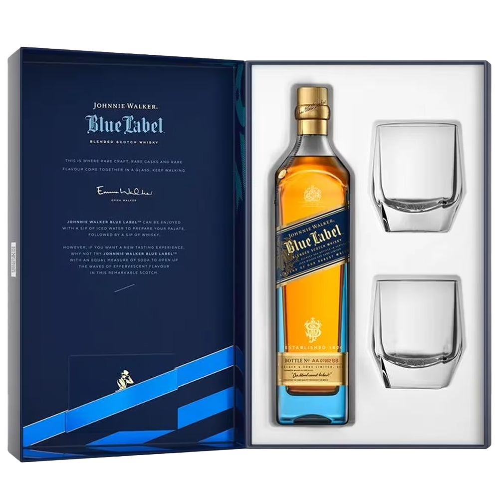 JOHNNIE WALKER BLUE LABEL BLENDED SCOTCH 1L [2 CRYSTAL GLASSES GIFT PACK]